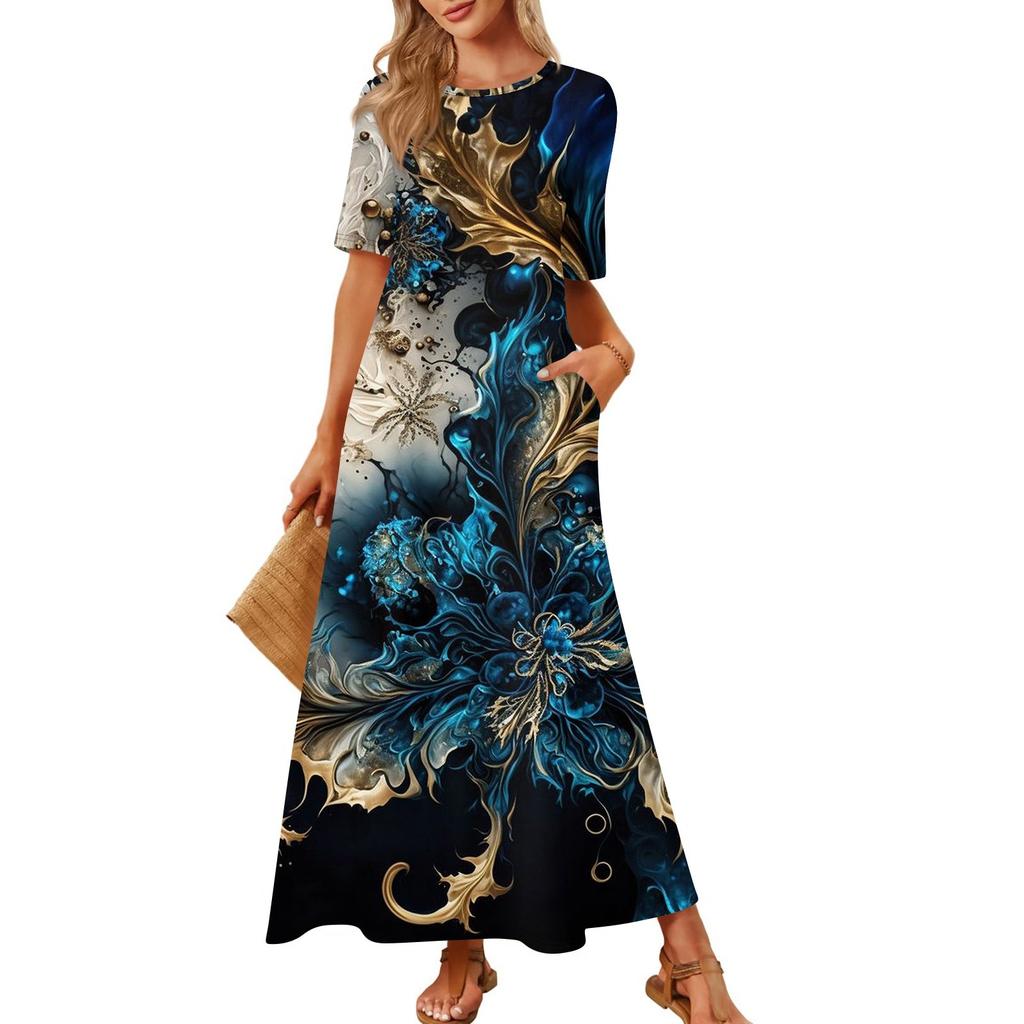 Women's Fashionable And Casual Long Beach Skirt Round Neck Short Sleeved Loose Retro Print Dress