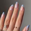 24 Pcs Cute Almond Shape Press On Nails, Short Length with Blue Swirl French Designs Fake False Nails with Glue, Nail Art for Women
