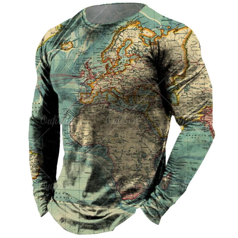 Винтажная футболка с длинными рукавами для мужчин, рубашки с 3d-принтом карты, футболки с европейской графикой, старая мужская одежда, топы, повседневная уличная одежда