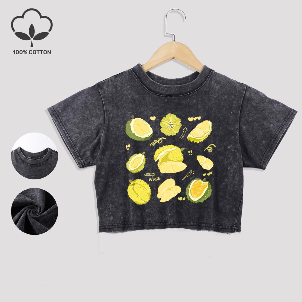 Вкусная хлопковая футболка с принтом дуриана, стиранная, трендовая, летняя, с кружевным подолом, кроп-топ, с круглым вырезом, обычного кроя, топы, повседневная женская одежда