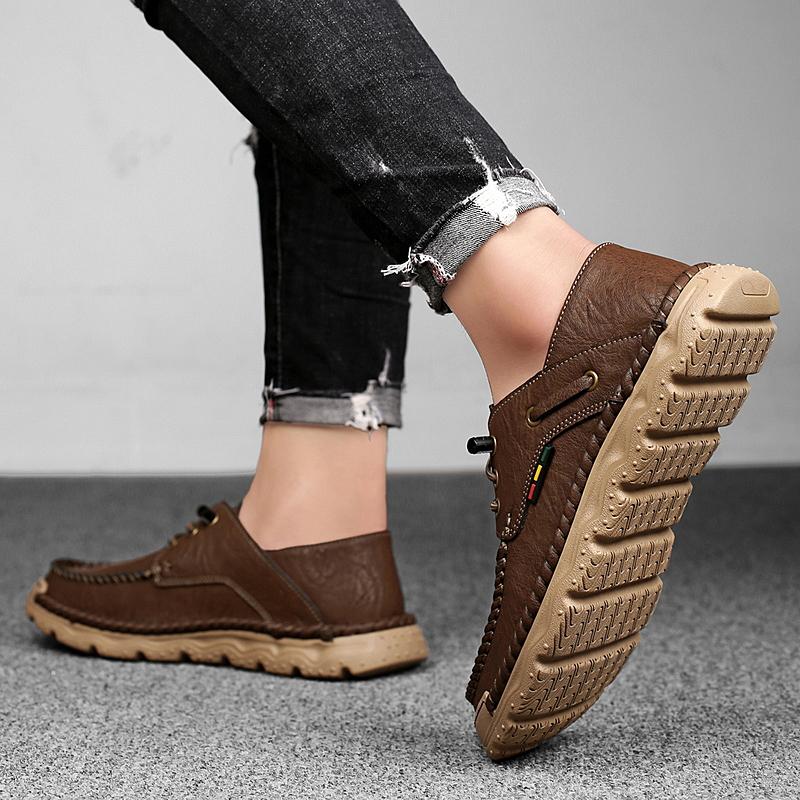 Модная Новая Мужская Уличная Повседневная Коричневая Кожаная Обувь Противоскользящая Прочная Плоская для Вождения Модная Универсальная Легкая Удобная Размер 38-46