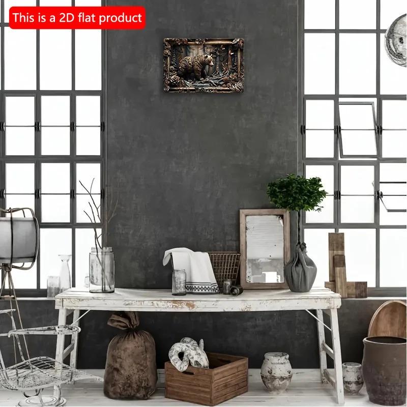 2D Flat Wooden Sign 30*20cm Rustic Bear Scene Wooden Wall Art, Vintage Wooden Decorative Sign for Home & Garden Decor, Farmhouse Wall, Animal-Themed