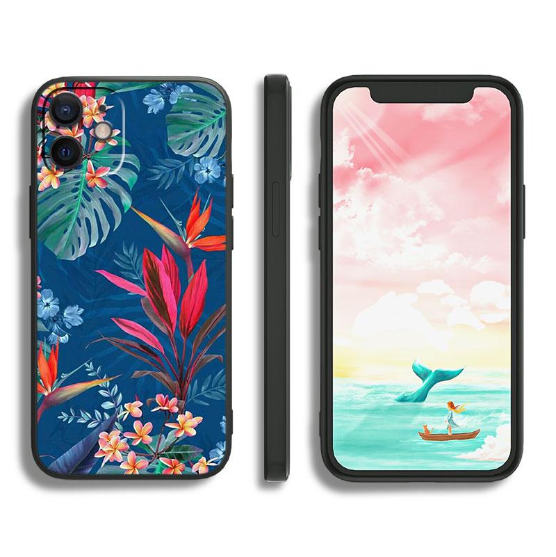 Красочные цветочные листья для Apple iPhone 11 12 13 Max Mini 7 8 X XR XS Pro Plus черный роскошный силиконовый мягкий чехол для телефона
