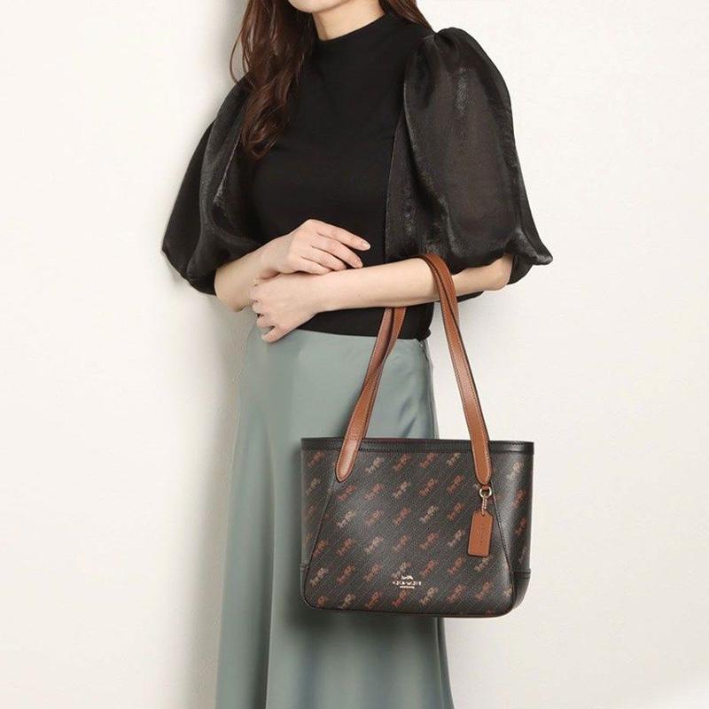 Coach 27 Carriage Pattern Print Coated Canvas And Leather Tote Bag Women Tote Bag Dark-Brown C4060-IMBLK