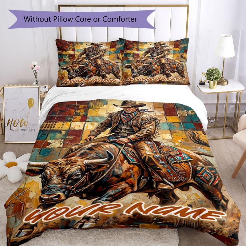 3PC Custom Name Rodeo Rider Bull Bedding Set Duvet Cover Closure Includes 1 Duvet Cover & 2 Pillowcases for Bedroom