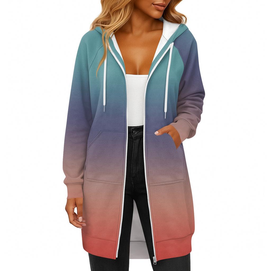 Women's Fashionable Printed Long Sleeved Drawstring Hooded Zipper Pocket Long Casual Sweatshirt Jacket