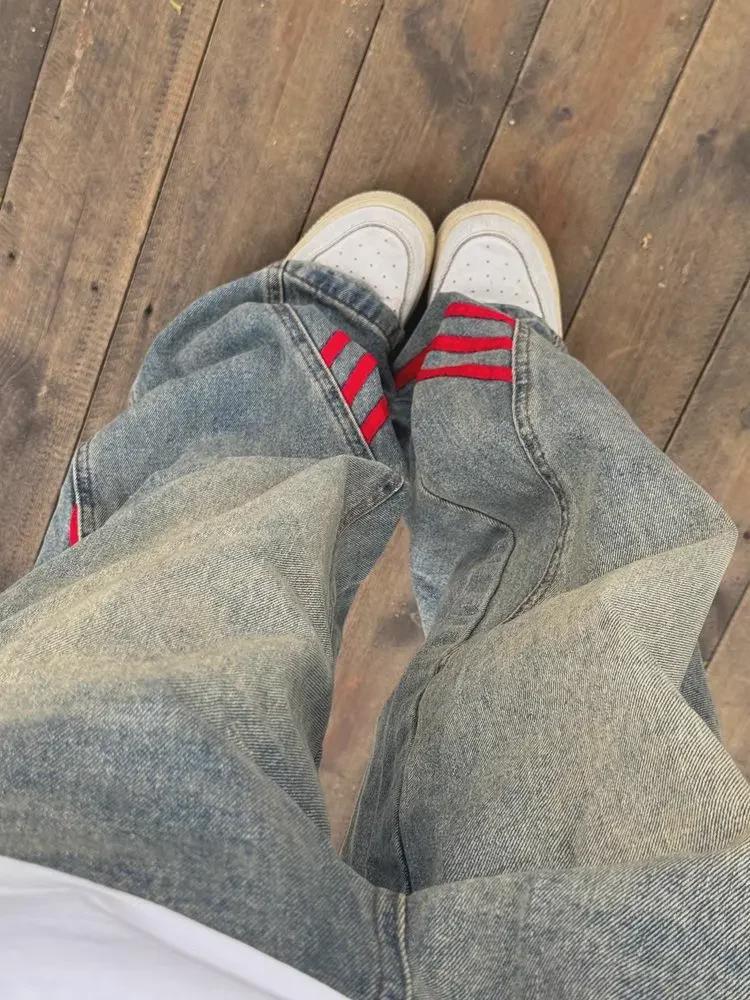 Women's Summer Retro Striped Patchwork High-Waist Wide-Leg Jeans