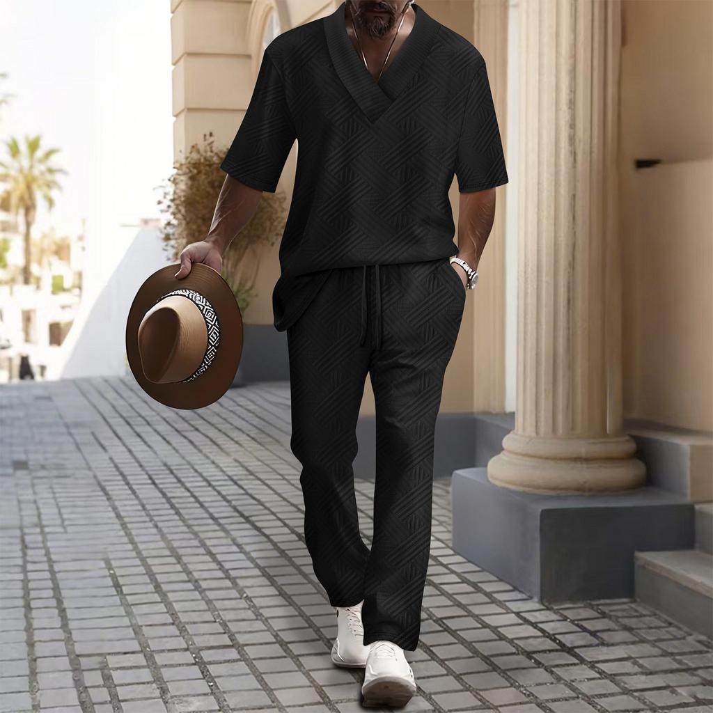 Мужской однотонный повседневный комплект из двух предметов с короткими рукавами и воротником