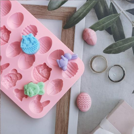 18 Cavity Cake Mold Non-stick Reusable Flexible Silicone Happy Easter Egg Rabbit Chocolate Baking Mould for Bakery