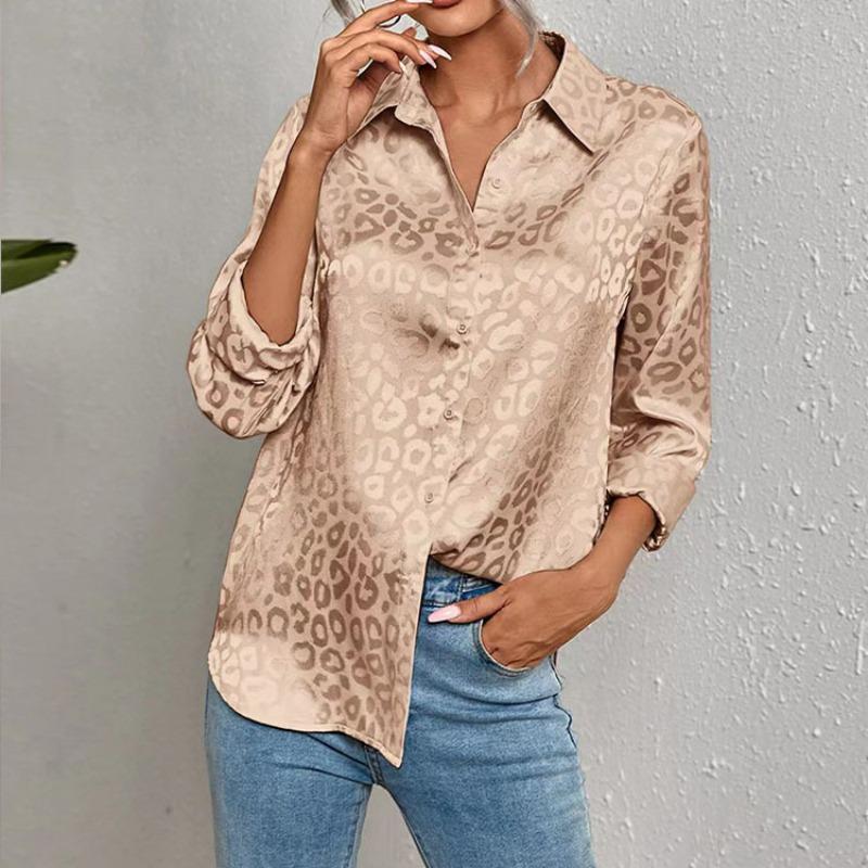 Women's Spring and Summer Lapel Open Button Leopard Print Jacquard Shirt Casual Long-sleeved Shirt
