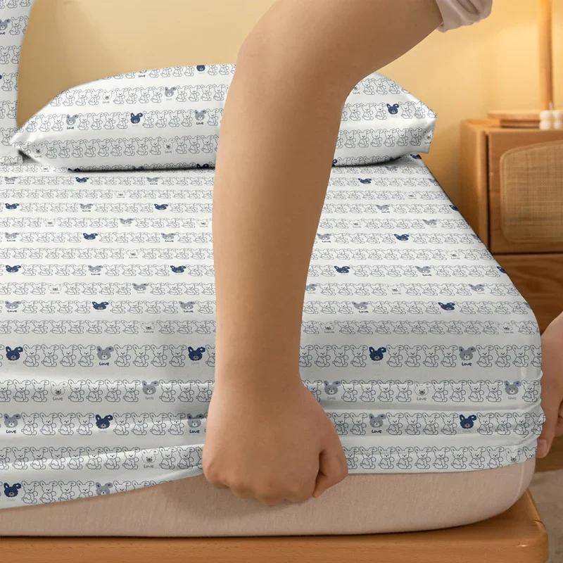 1 Cartoon Fun Animal Bear Dog Printed Matte Fitted Sheet, Bedroom Printed Bed Cover, Bedding (Excluding Pillowcases)