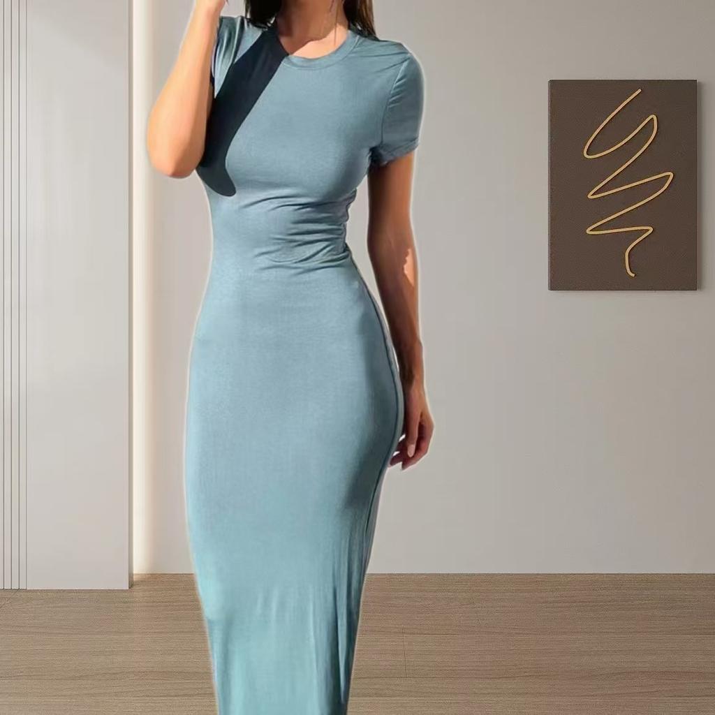 Женское платье макси с квадратным вырезом и короткими рукавами, однотонное, облегающее, эластичное, с рыбьим хвостом, подол, мягкое дышащее женское повседневное праздничное платье