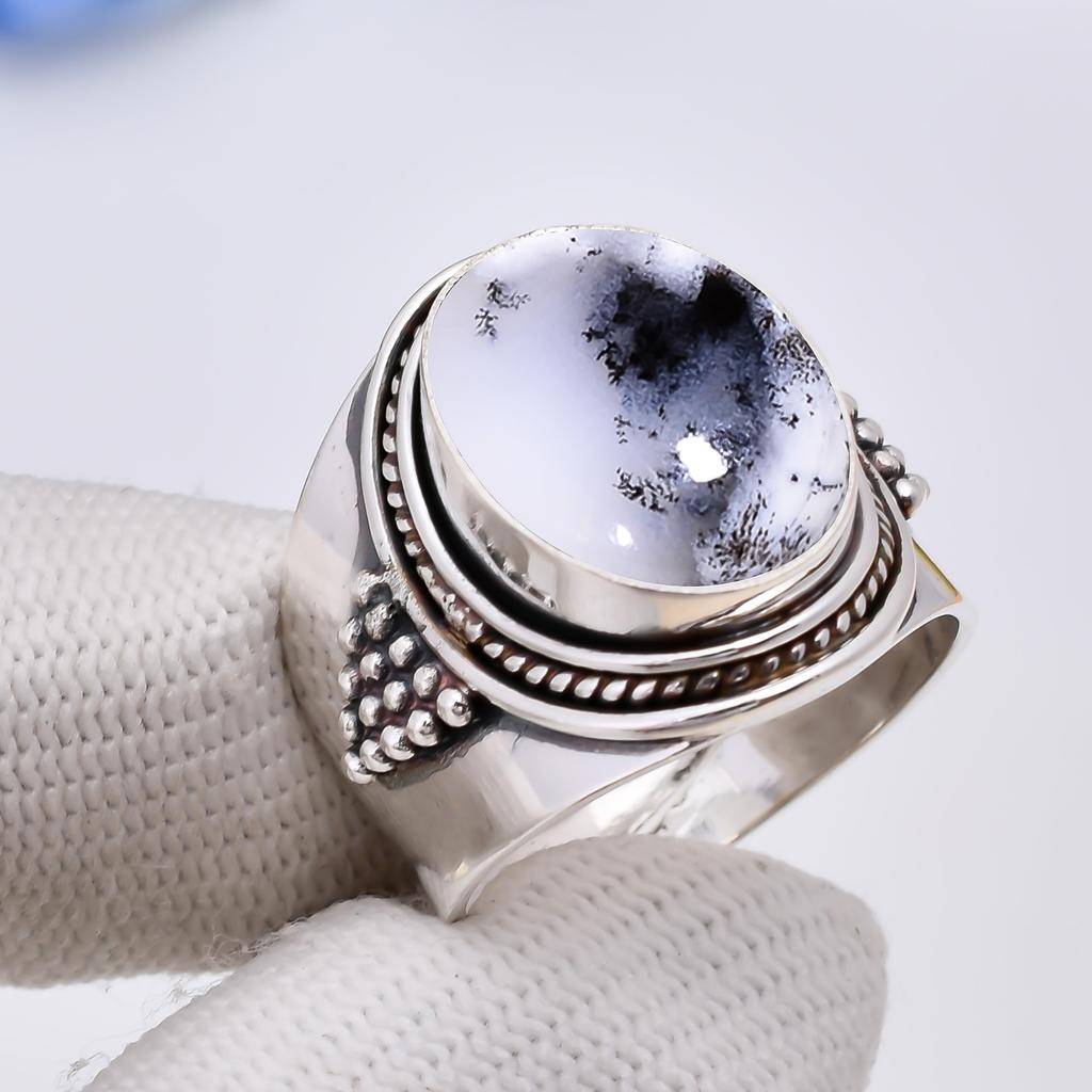 Дендритовый Агат - Кольцо из серебра 925 пробы V5631, Белое кольцо, Овальное кольцо, Подарок на День святого Валентина, Подарок для нее, Подарок на день рождения, Украшения ручной работы, Si