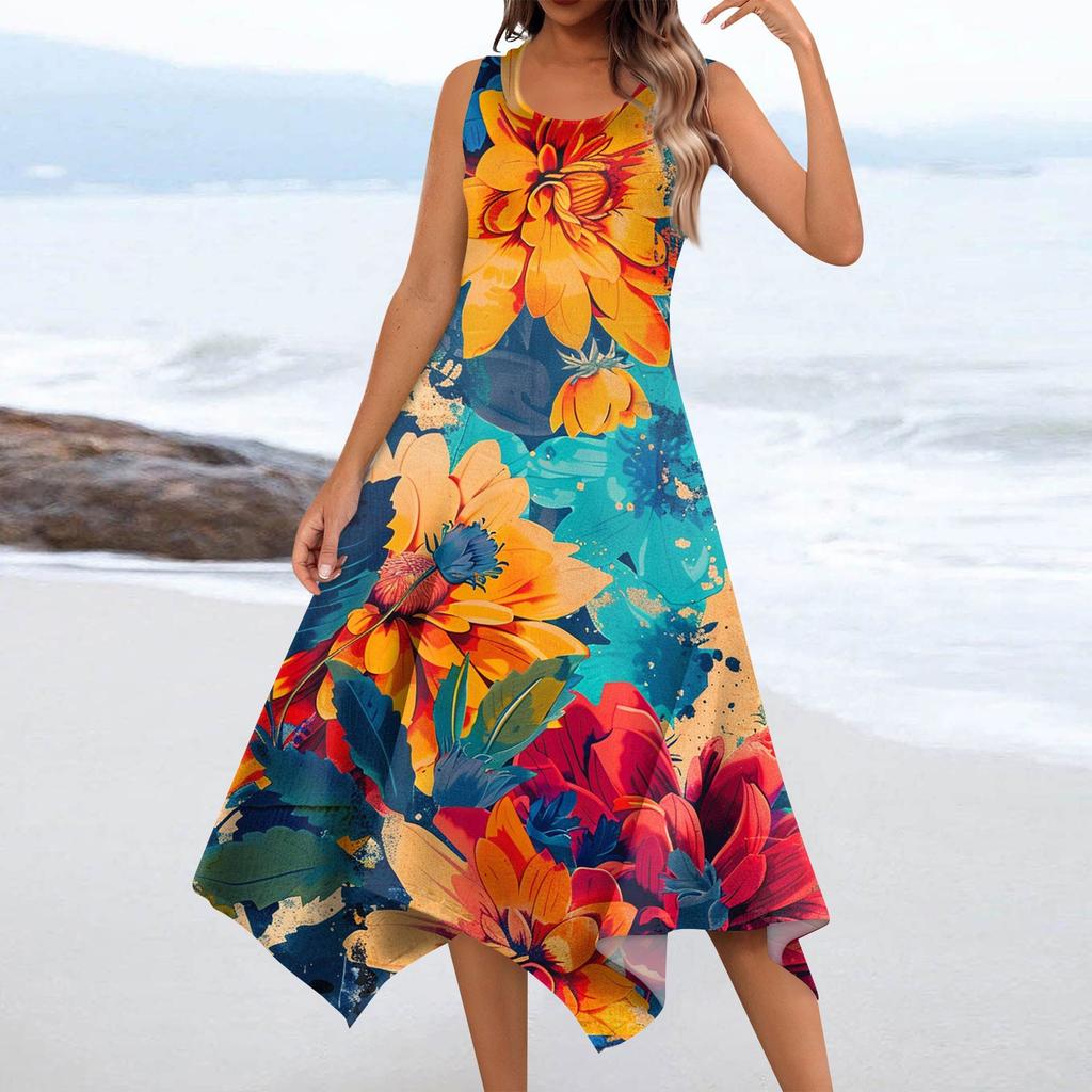 Женское повседневное модное платье миди без рукавов с круглым вырезом и нерегулярным подолом с цветочным принтом