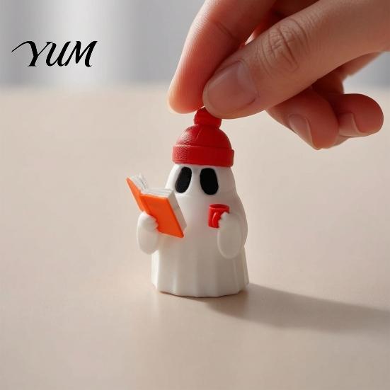 Decorative Ghost Figure 3D Printed Halloween Figurine, Red Hat Reading Sculpture Statue Holding Coffee for Holiday Party Decoration Small Collectibles