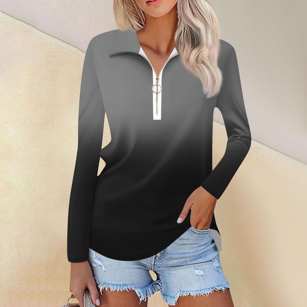 Женская весенняя и модная повседневная рубашка с принтом на молнии с V-образным вырезом и длинным рукавом