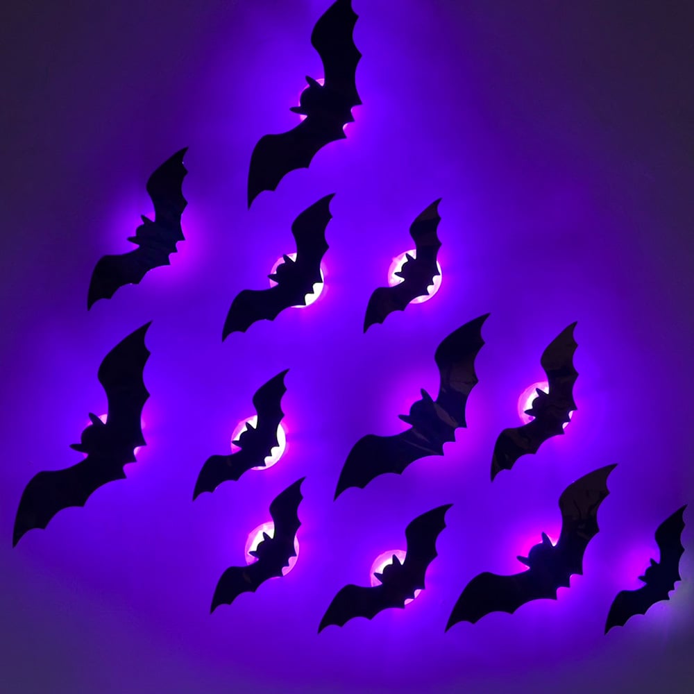 12pcs/set 3D Bat Design LED Decoration, Bat Shaped Wall Sticker, Decorative Light for Home Party Festival, Halloween Decoration