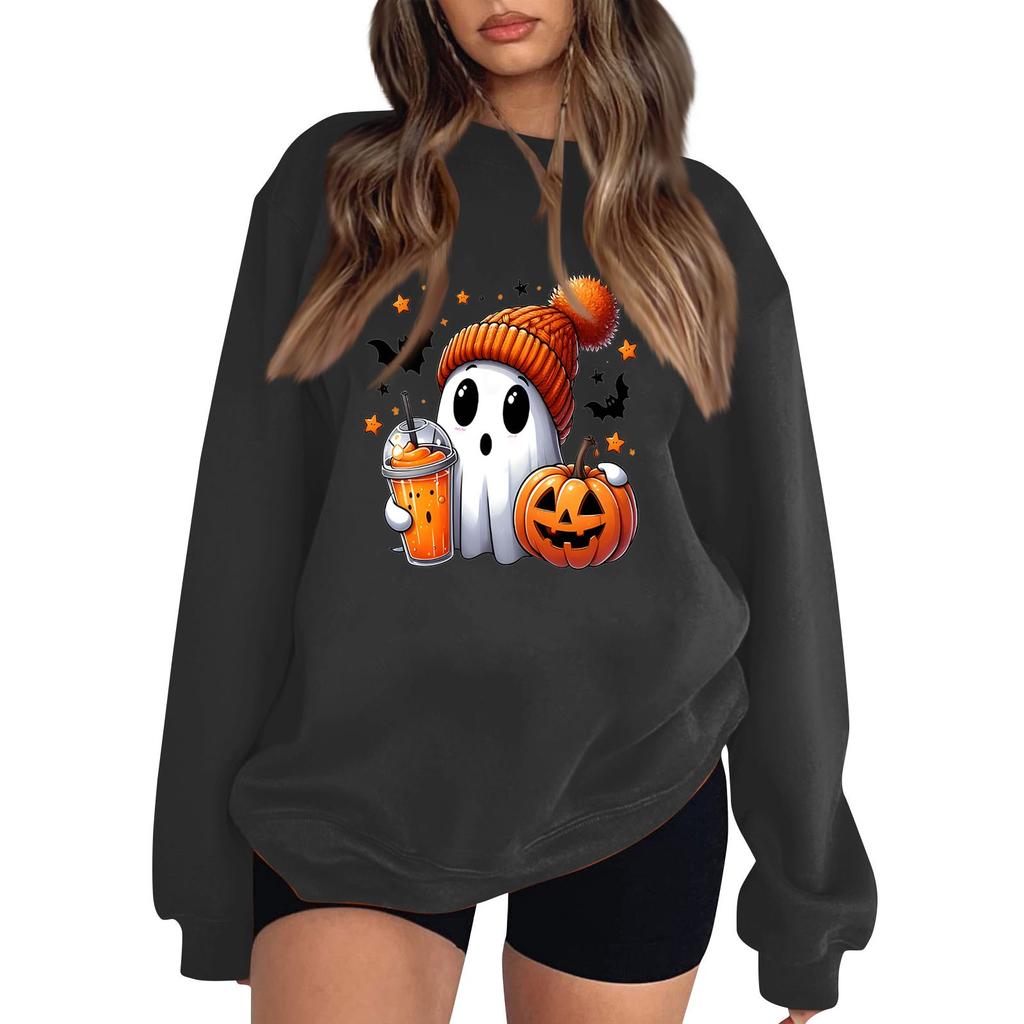 Women's Round Neck Long Sleeve Pullover Halloween Printed Top Sweatshirt
