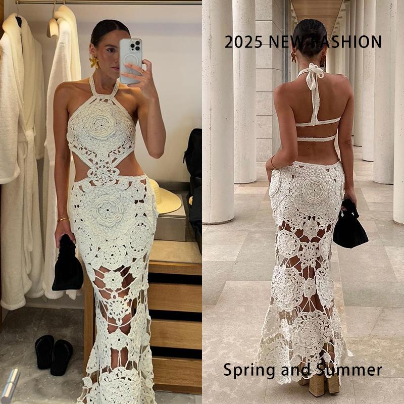 Вязаное крючком ажурное платье макси с бретельками через шею, модное женское облегающее сексуальное платье с открытой талией и открытой спиной, летнее пляжное платье