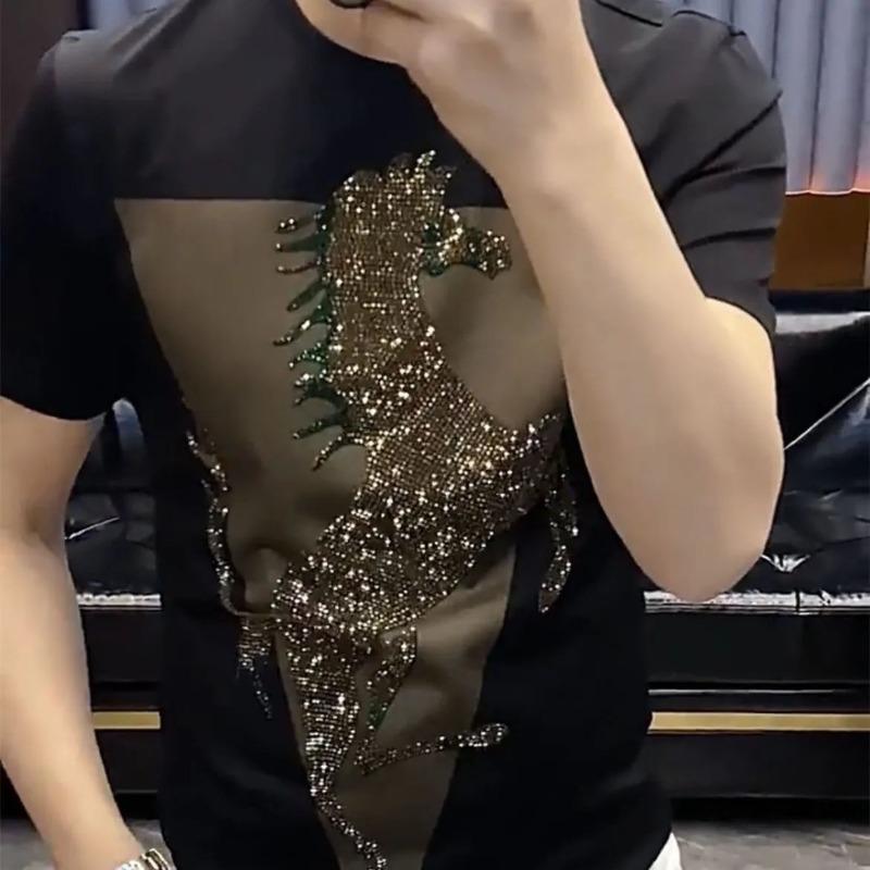 Новая мужская футболка Leisure Trend с круглым вырезом и принтом, летняя мужская мода, облегающий топ с коротким рукавом и бриллиантами