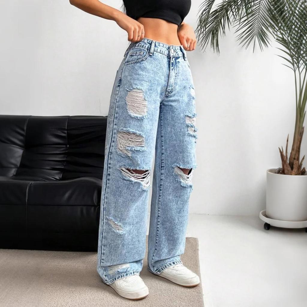 Women's High Waist Washed Women's Jeans Fashionable Versatile Straight Leg Pants