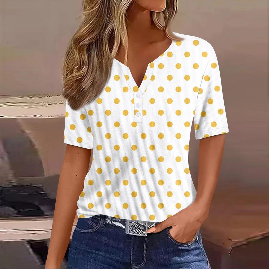 Women's Casual Printed V-Neck Short Sleeve Decorative Button T-Shirt Top