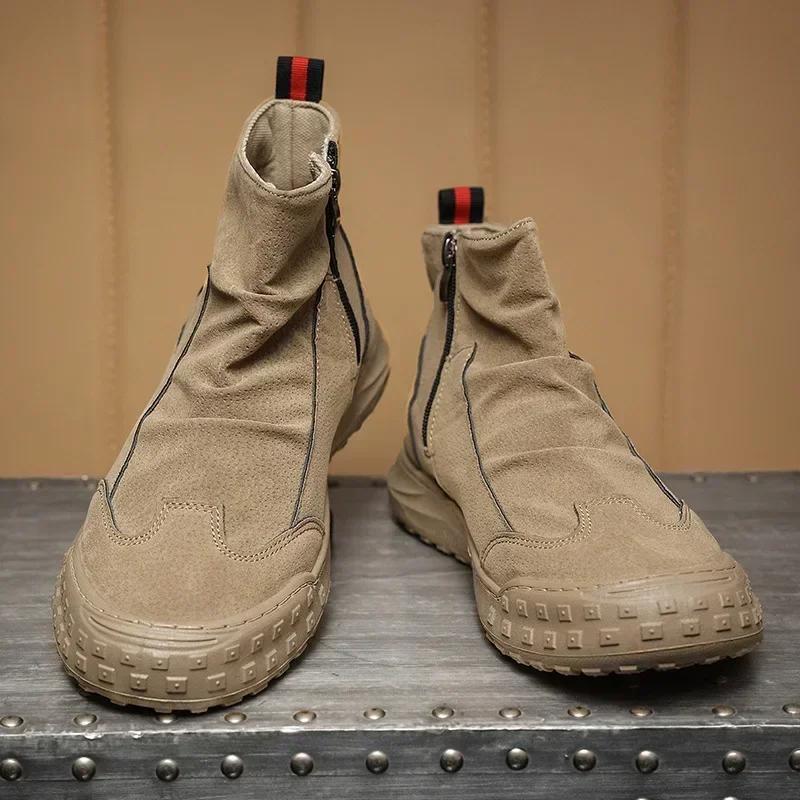 Мужские ботинки с высоким берцем, рабочая обувь, осенние, новые, на молнии, плиссированные, нескользящие, удобные, на толстой подошве, износостойкие, модные, на плоской подошве
