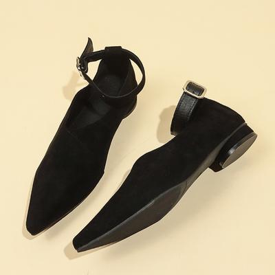 Модная женская обувь на низком каблуке, весенняя новинка, с острым носком, с мелким вырезом, из замши, противоскользящая, износостойкая, низкая