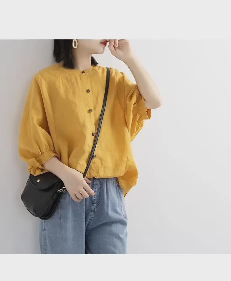 2025 Весна/Лето Женский Ретро-Топ из хлопка и льна с рукавами-фонариками и свободным кроем средней длины