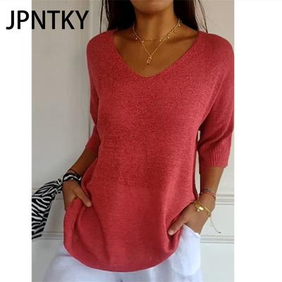 JPNTKY Женская мода повседневный однотонный принт осень зима длинный рукав V-образный вырез свободные свитера