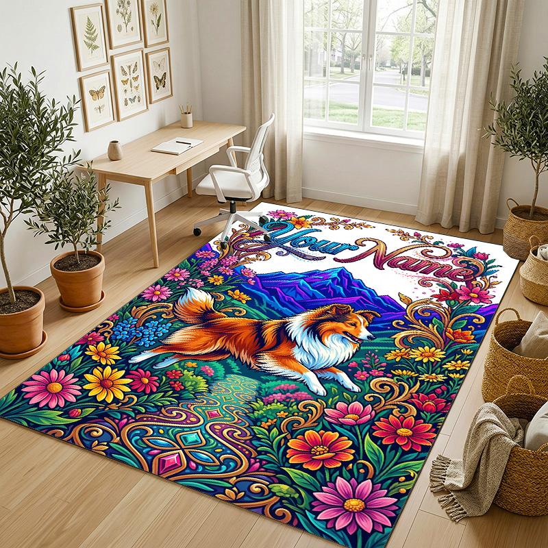 Dog Theme Crystal Velvet Rug Personalized Custom Name Text Soft Floor Mat Home Decor
