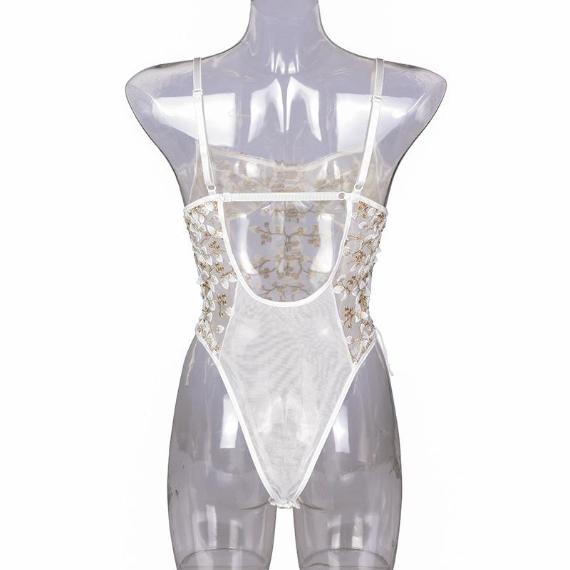 Lace Embroidery Bandage See-Through Sexy Bodysuit for Women