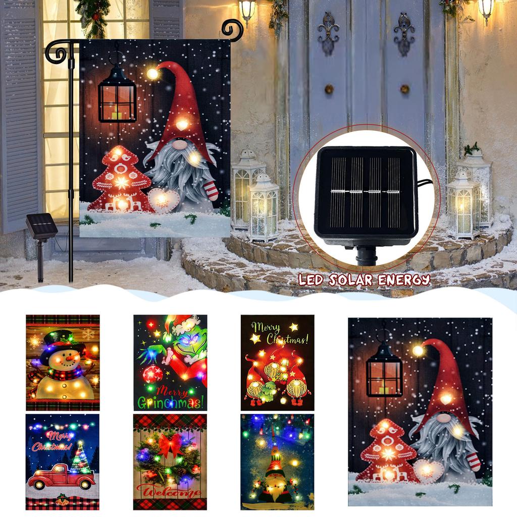Solar Led Lighted Welcome Christmas Garden Flag Double Sided, Christmas Lights Decoration Yard Outdoor Home Small Decoration, Winter Holiday