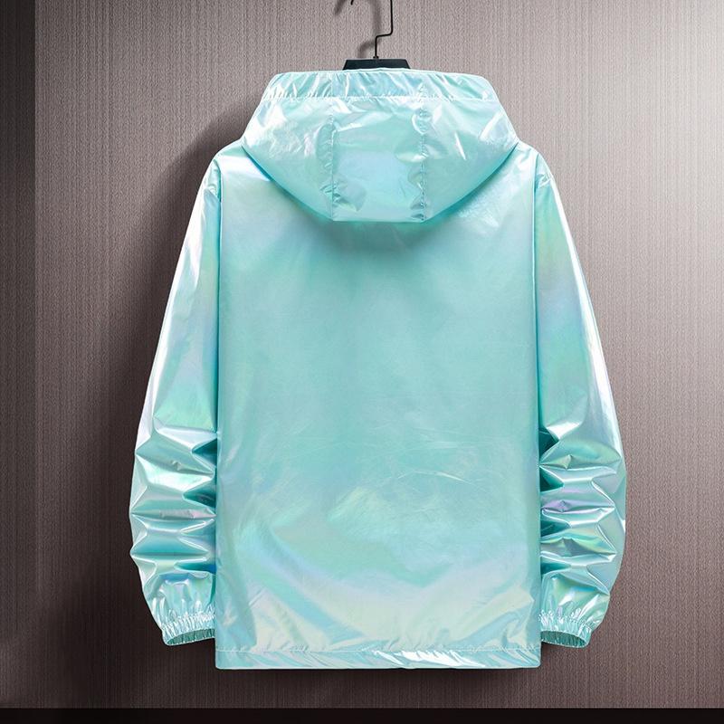 Unisex Shiny Jacket Laser Hooded Coat Iridescent Holographic Harajuku Sun Protect Top Plus Size