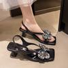 Shallow mouth empty rhinestone bow empty sandals high heels summer new one-pedal sandals women