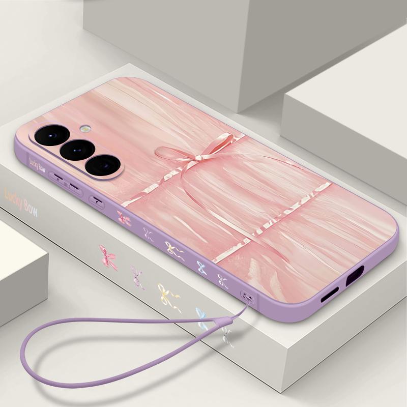 Чехол для телефона с рисунком розового банта для Samsung Galaxy S25 FE S26 S24 S23 S22 Ultra A57 A17 A56 A16 A55 A15 A54 A36 Мягкий чехол с ремешком