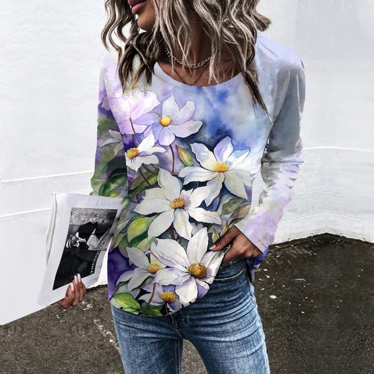 Весенне-осенний топ с круглым вырезом, цветочным узором и 3D-принтом, модный, повседневный, в стиле ретро, с длинными рукавами, женские футболки