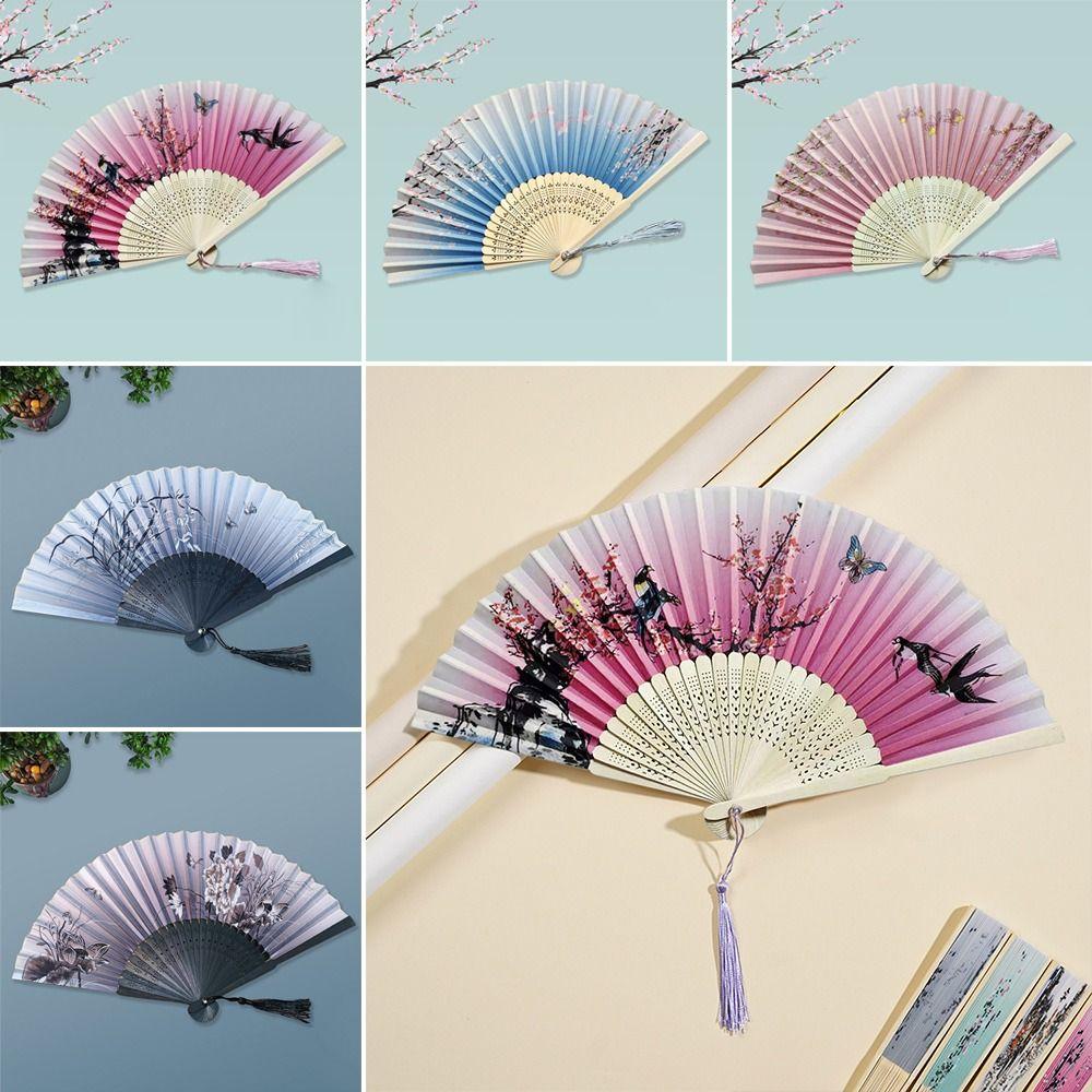 Silk Hand Fan Colorful Shank Classical Dance Fan Vintage Folding Fan Clothing Accessories