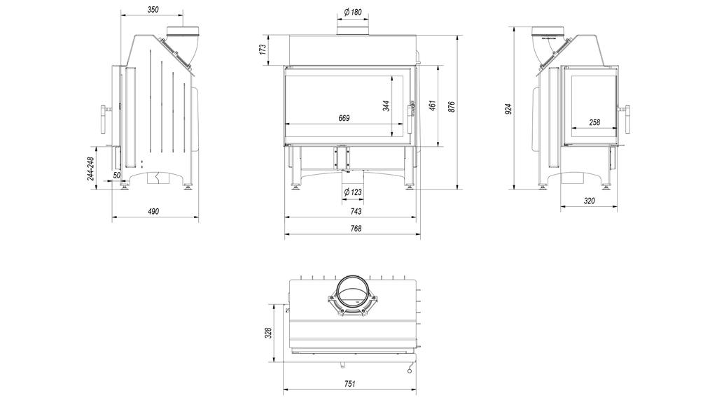 Угловая каминная вставка KRATKI ZIBI 12 кВт Ø180 левая черная входная часть SET