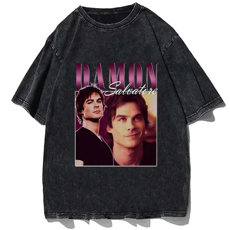 Мужская и женская футболка с графическим принтом Damon Salvatore, винтажная стирка, хлопок, летняя новая футболка, уличная мода, короткий рукав, свободный, повседневный, оверсайз топ