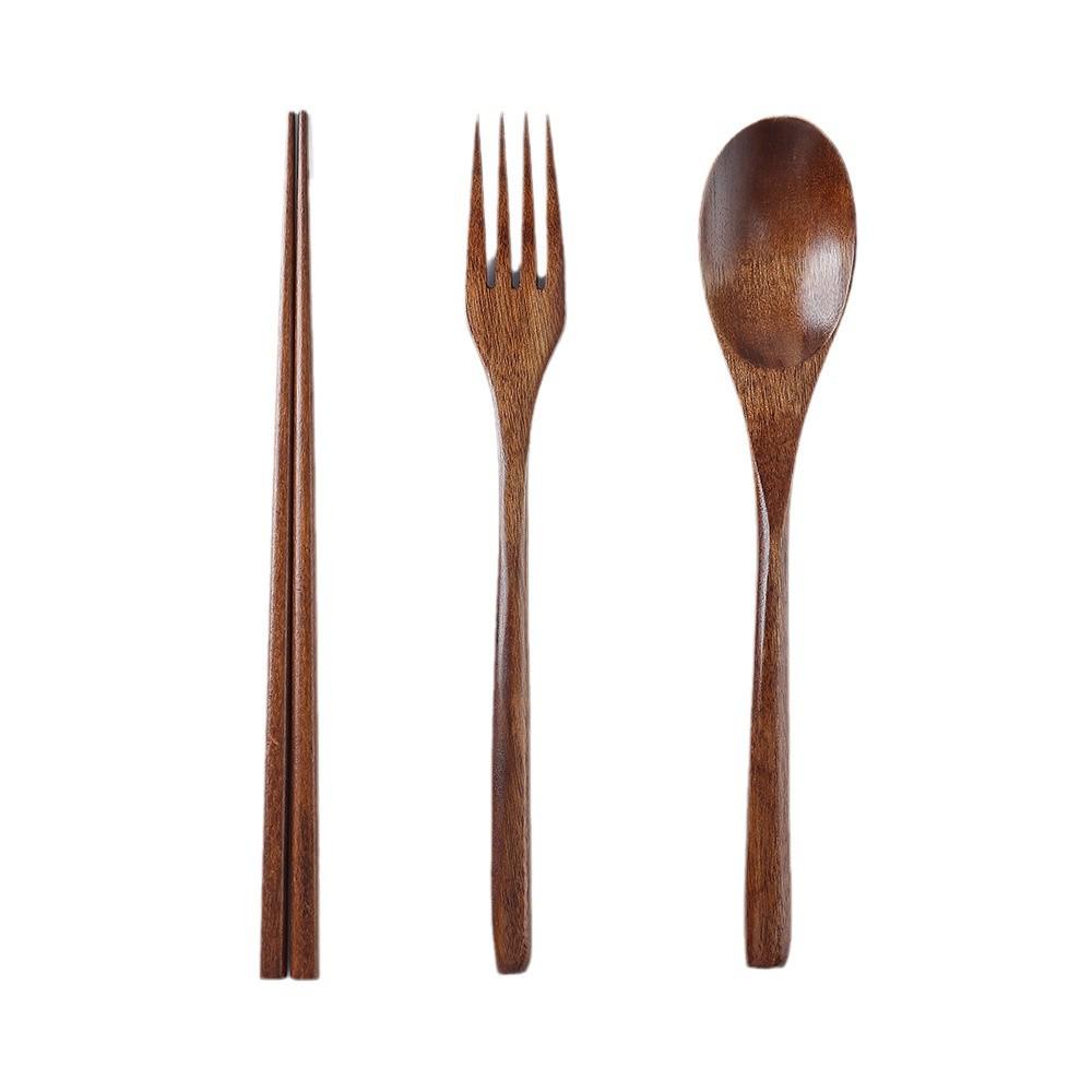 Portable Lacquered Nanmu Student Tableware Set - Wooden Spoon, Fork, and Chopsticks