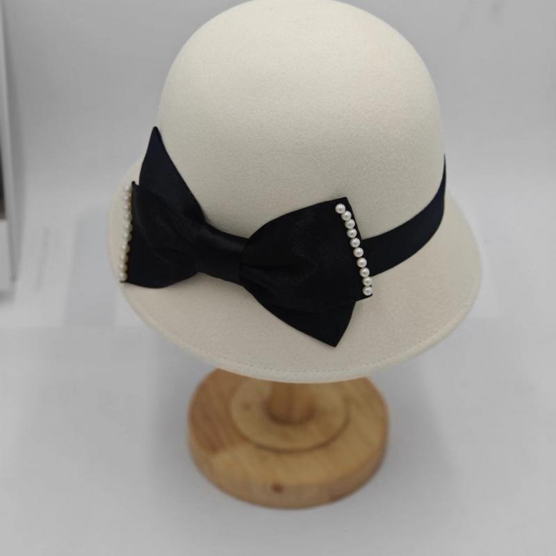 Top hat autumn and winter French retro bow equestrian wool bucket hat sun protection hat sun hat versatile basin hat