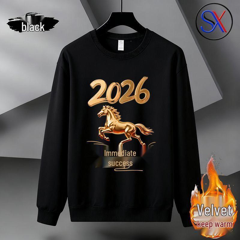 Мужская красная толстовка 2026 Год Лошади - Осень/Зима, Круглый вырез, Новогодний парный Лонгслив Плюс Бархат Тренд Одежды.