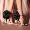 Summer Fashion Silk Rose Flowers Pointed Open Toe Sandals Women Black High Heel Wedding Prom Shoes Zapatos Mujer Designer Slides