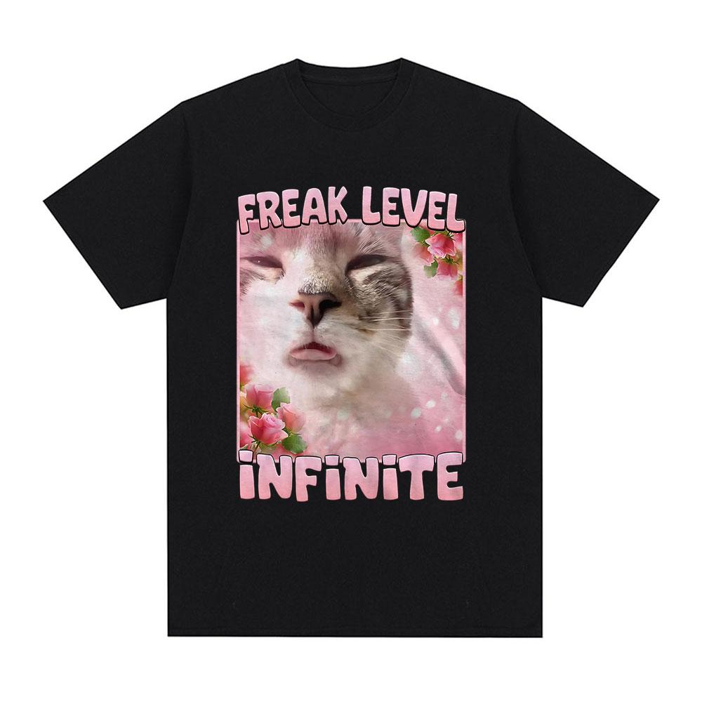 Футболка с мемом про смешного кота уровня Freak Level Infinite, подарок для любителя котят, мужская женская футболка с коротким рукавом, повседневная хлопковая футболка оверсайз