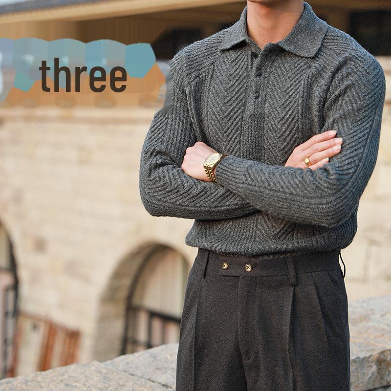 Мужской толстый теплый свитер-поло с лацканами — модный и универсальный, облегающий крой для осени и зимы