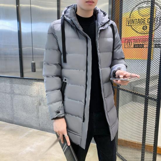 Men Cotton Coat Hooded Long Sleeve Full Zipper Closure Solid Color Jacket with Pockets Mid-length Thickened Quilted Outwear