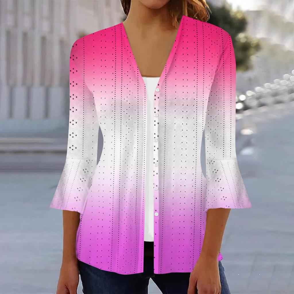 Женская мода свободный повседневный принт с рукавом три четверти рубашка на пуговицах кардиган топ