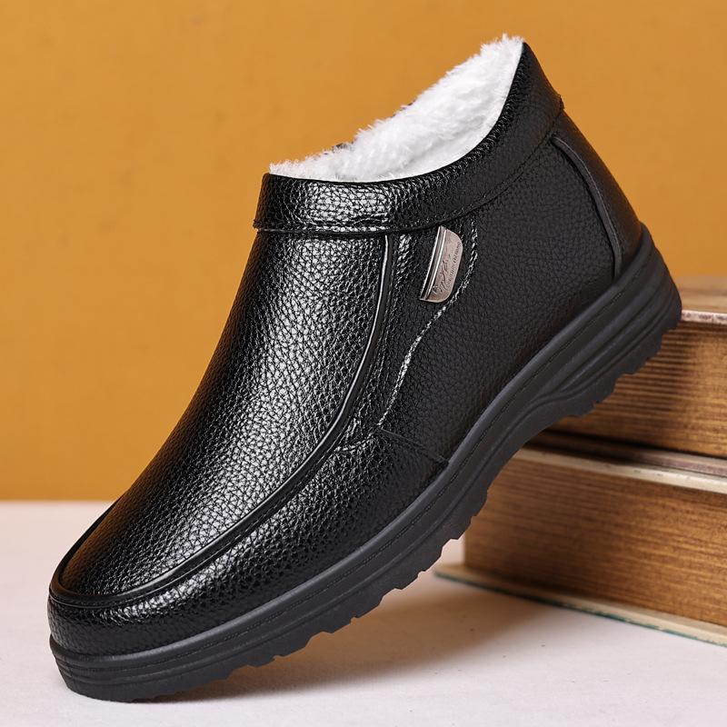 Зимние мужские ботинки для снега, теплые хлопковые ботинки, плюшевые мужские ботильоны, мягкая подошва, повседневная кожаная обувь, легкая и удобная мужская обувь