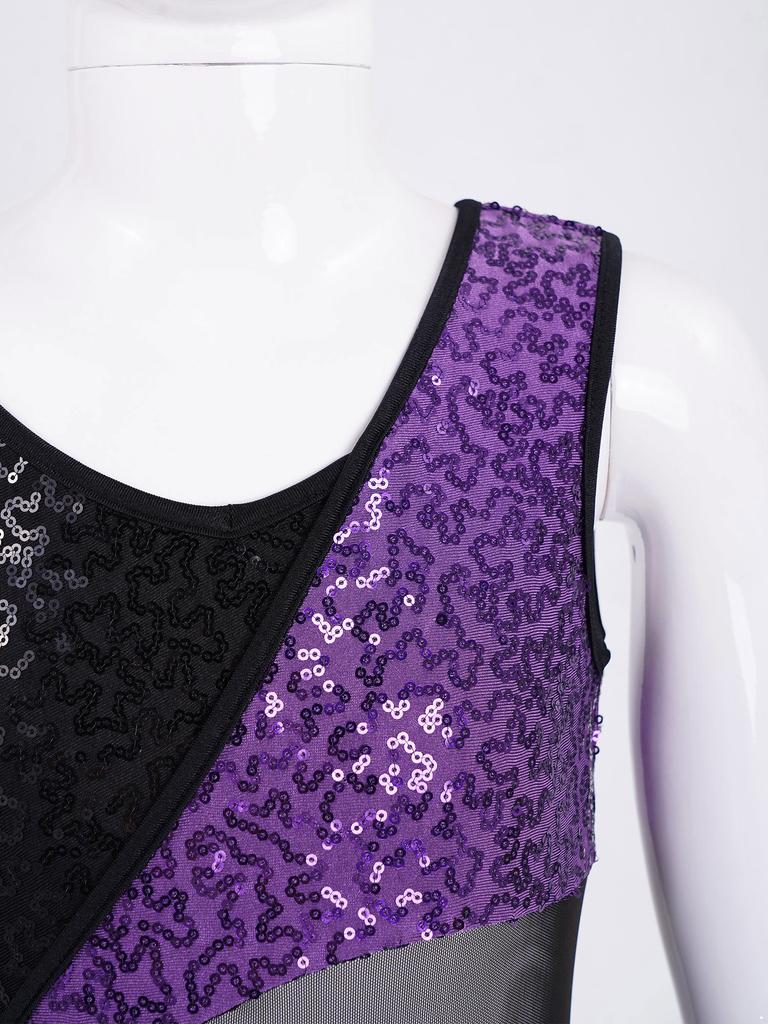 Блестящая танцевальная одежда для девочек с оборчатым подолом и сетчатым лоскутным стилем